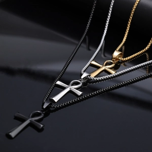 Polished stainless steel Ankh cross pendant necklaces in gold, silver, and black colors