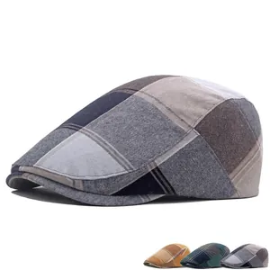 Classic cotton plaid beret flat cap for men in vintage grey and beige check patterns