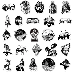 50pcs black and white gothic punk stickers featuring nature silhouettes for luggage