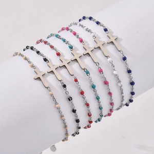Cross Charm Beaded Bracelet Stainless Steel Colorful Rice Beads Minimalist Fashion Religious Jewelry For Women
