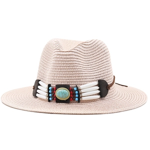 Beige straw fedora sun hat with bohemian turquoise stone and colorful beaded band