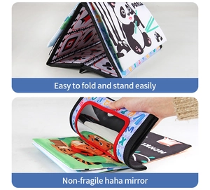 Foldable baby cloth book with high contrast animal patterns and a shatterproof safety mirror
