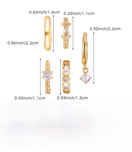 Detailed view of golden copper earring set with size dimensions and diamond accents
