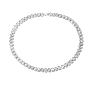 Close-up of silver tennis necklace with rectangle-cut zircons and a secure fold-over clasp