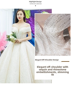 Detailed close-up showing sequin and rhinestone embellishments on off-shoulder bridal gown