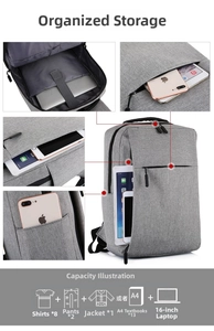 Internal storage layout of gray backpack showing slots for 16-inch laptop and large capacity