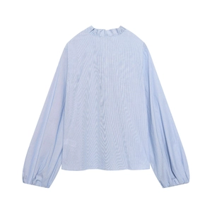 Light blue striped cotton shirt with ruffled stand collar and long sleeves on white backdrop
