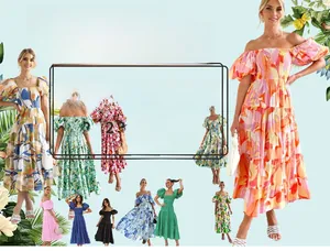 Multiple styles of off-shoulder floral maxi dresses with puff sleeves and layered hem