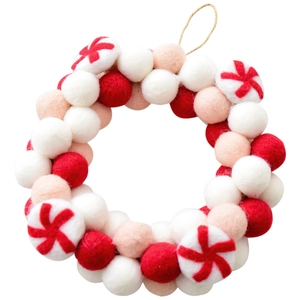 Christmas wool felt ball wreath with red and white peppermint candy swirl accents