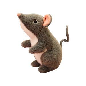 Cute gray plush mouse doll with pink ears standing on white background for kids