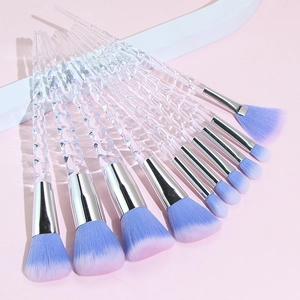 10-piece professional makeup brush set with clear spiral handles and blue-purple bristles