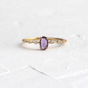Oval Purple Cubic Zirconia Ring Women 18K Gold Plated Copper Geometric Light Luxury Japanese Style Finger Jewelry White Zircon