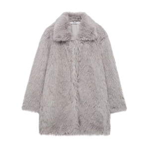 Detail of light gray faux fur coat with lapel showing soft texture and S size label