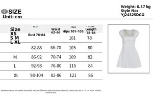 Detailed size chart for the white square neck mini dress with measurements from XS to XL