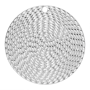 Detailed close-up of a silver textured round pendant with a reflective faceted scale pattern