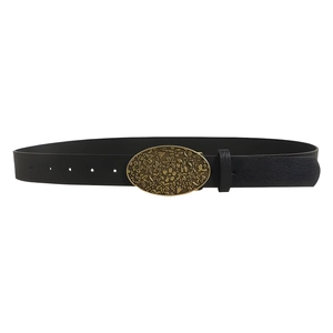 Retro black leather belt with an oval engraved brass floral buckle for women's dresses