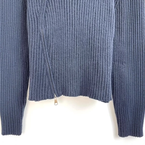 Navy blue ribbed knit jacket with lapel collar and unique asymmetric metal zipper detail