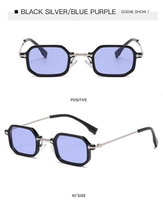 Detailansicht der Retro-Sonnenbrille mit schwarz-silbernem Rahmen und blau-violettem Glas