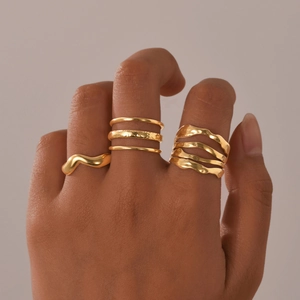 Chic gold wave open ring set for women in stacked multi-layer polished stainless steel