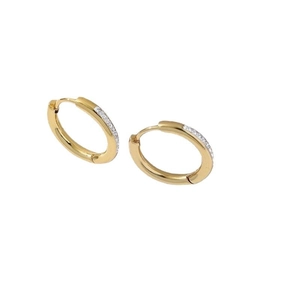 Polished gold stainless steel hoop earrings with sparkling crystal pavé on white background
