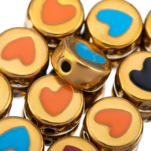 Golden cylindrical stainless steel beads with colorful heart drip oil enamel for DIY jewelry