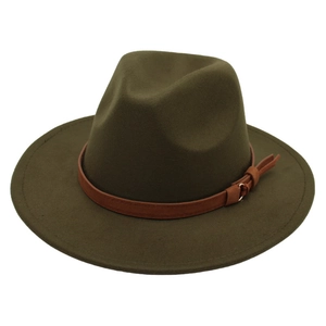 Close-up of military green wool fedora hat with brown leather belt buckle detail