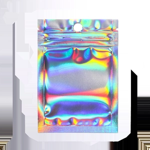 Detailed view of iridescent holographic resealable bags with hanging hole and zip lock