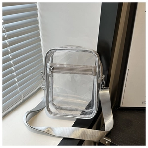 Detail of transparent PVC crossbody bag with silver piping and adjustable wide strap