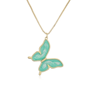 Elegant gold butterfly necklace with green marble enamel pendant on box chain