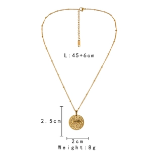 Macro view of gold stainless steel coin pendant with Aries zodiac relief showing 2cm size