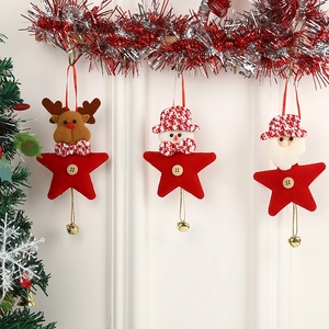 Three-piece Christmas ornaments featuring Santa and bells on a textured wall background