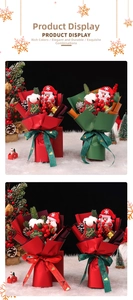 Close-up of Christmas bouquets with Santa plush, pine cones, and Merry Christmas ribbons