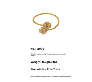 Détails de la bague trèfle dorée avec zircons et spécifications techniques du produit