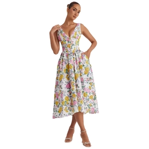 Elegant white floral sleeveless midi dress with V-neck and pockets for summer vacation