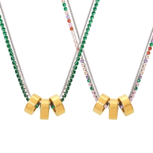 Double-layer 18K gold plated titanium steel necklace with green and colorful gemstones