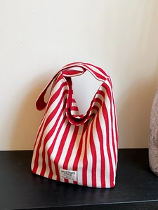 Large Capacity Canvas Tote Bag Striped Retro Simple Shoulder Handbag For Women Daily Shopping Travel Versatile Fashion