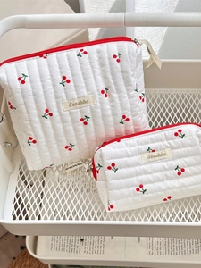 Quilted cherry print cotton cosmetic bags in two sizes for travel storage