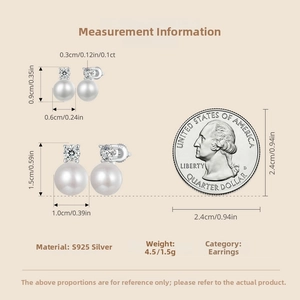 Detailed size chart of S925 sterling silver pearl earrings with dimensions and weight