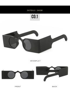 Detailed multi-angle views of black rectangular sunglasses with round lenses and chunky frames