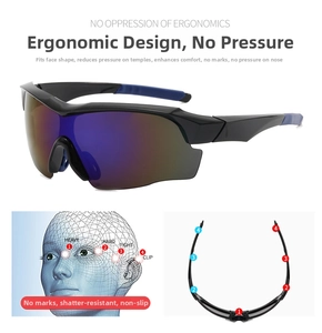 Ergonomic detail of cycling sunglasses showing pressure-free fit on a 3D head model