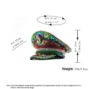 Detailed size specifications of the sequined party hat with colorful spikes and crest