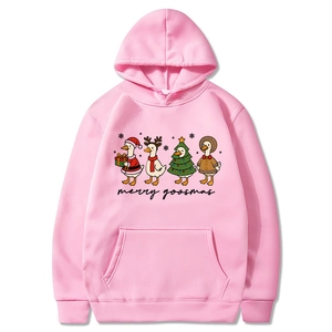 Pink Christmas hoodie with merry goosmas cartoon duck print for men and women