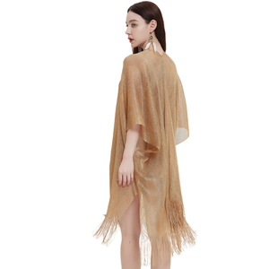 Elegant gold metallic mesh knit shawl with long fringe tassels and sheer loose sleeves