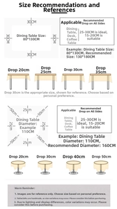 Size guide for rectangular and round tablecloths with drop length recommendations