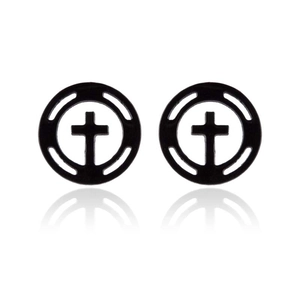 Detailed view of black round cutout cross earrings with polished finish and reflection
