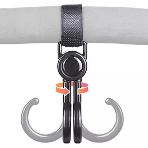 360-degree rotating double hook for strollers with magic tape and black nylon straps