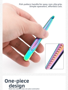 Macro view of stainless steel tweezers with iridescent fish scale non-slip grip design