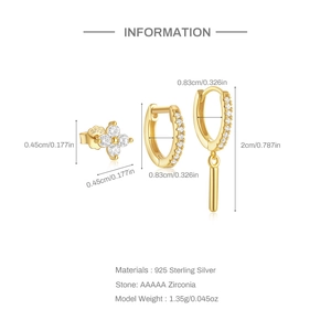 Detailed size specifications for sterling silver star and flower earrings with zirconia