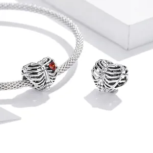 925 sterling silver anatomical heart charm with red zircon for beaded bracelets