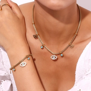 18K gold plated stainless steel turquoise evil eye necklace and bracelet set on model